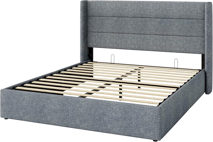 SHA CERLIN Full Size Lift Up Storage Bed/Modern Wingback Headboard/Upholstered Platform Bed Frame/Hydraulic Storage/No Box Spring Needed/Wood Slats Support/Grey Blue