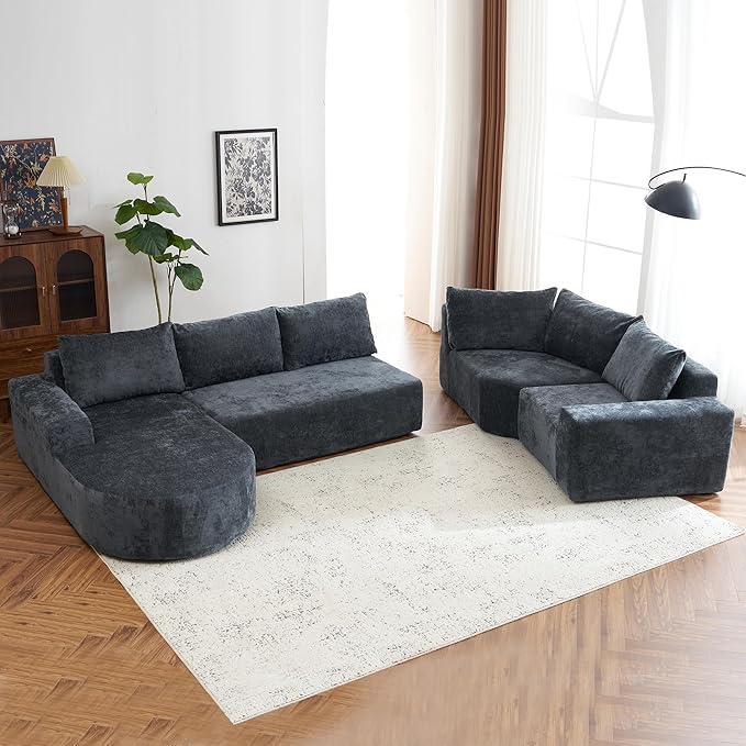 Modular Sofa Set 141.7 Oversized Sofa Cloud Sectional Sofa Set 5 Seat Upholstered Couches U-Shaped Sofa with Deep Seat Chenille Fabric Convertible Sleeper Couches for Living Room (Gray/145)