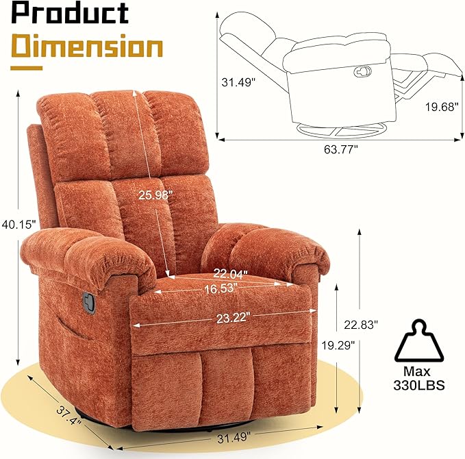 Recliner Chair Swivel Rocker Recliner Chair for Adults Small Recliners for Small Spaces Manual Recliner with Side Pockets Upholstered Nursery Rocking Chair for Living Room Chenille Orange