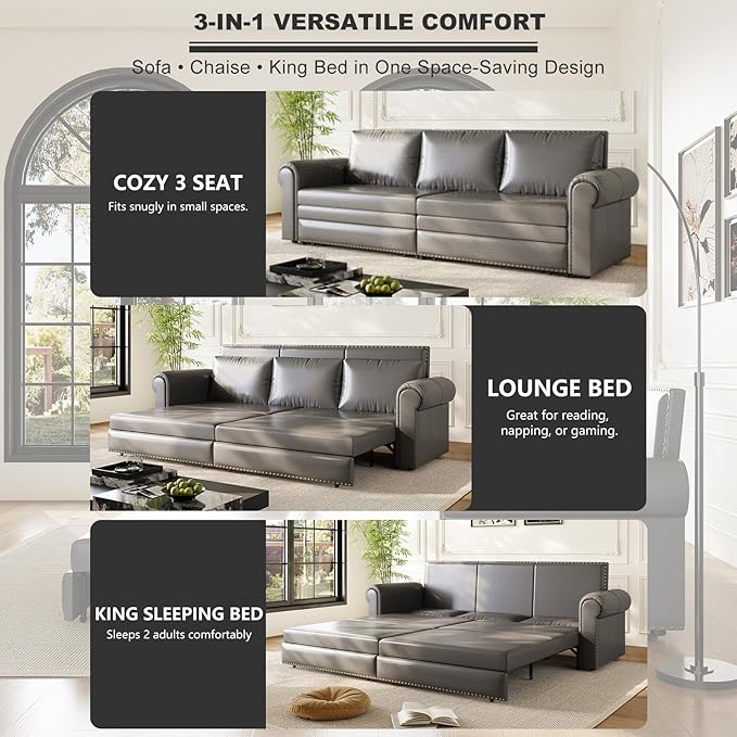 93.7 King Size Sleeper Sofa Bed Pull Out Sofa Bed Faux Leather Upholstery 3 in 1 Convertible Sleeper Couch Chaise Lounge Retro Recliner for Living Room Office Apartment Grey