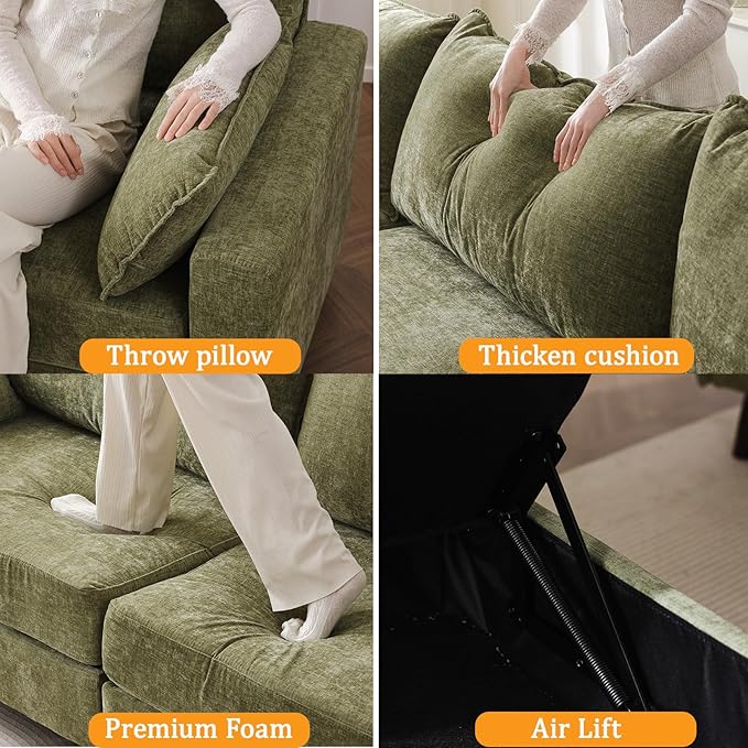 53'' Loveseat Sofa with All Seats Storage Modular Sectional Couch with Deep SeatOversized Comfy Couch with Throw PillowsSingle Sofa Chair for Living RoomBedroomChenilleGreen