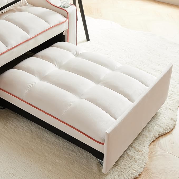 Convertible sleeper sofa chair bed 3 in 1 Tufted Velvet Pull Out Sleeper Chair with Adjustable Backrest &amp Phone Holder Modern Single Sofa Chair for Living Room Small Spaces Apartment Beige