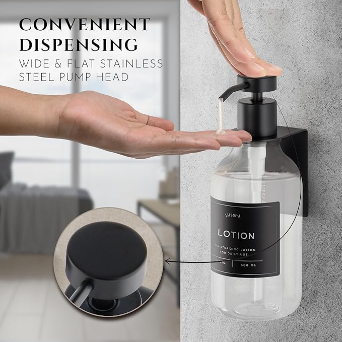 Shower Shampoo Dispenser Wall Mounted – 3 Refillable 16.9 oz Clear Bottles with Stainless Steel Pumps &amp No-Drill Adhesive Holders – Soap Dispenser Set for Bathroom (3 X Clear/Black)