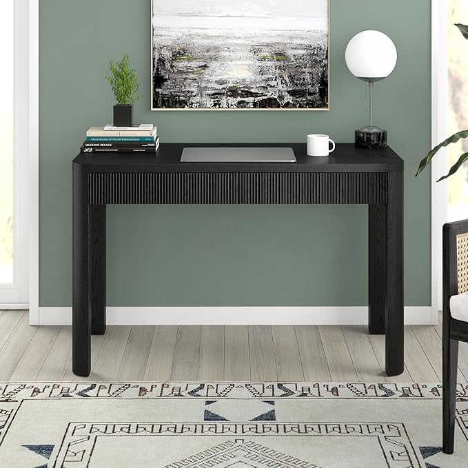 Henn&ampHart 48 Fluted Modern Rectangular Wooden Home Office Desk Computer Desk Writing Table with 2 Ribbed Storage Drawers for Bedroom Living Room or Home Office Natural Black