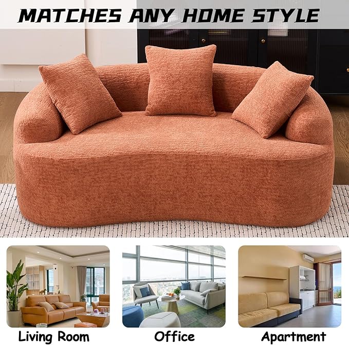 65” Coral Pink Curved Couch&amp Loveseat Sofa with 3 Pillows Compression Couch with Round Armrest Suitable for Small Space Bedroom Living Room Memory Foam Chenille No Assembly (Coral)
