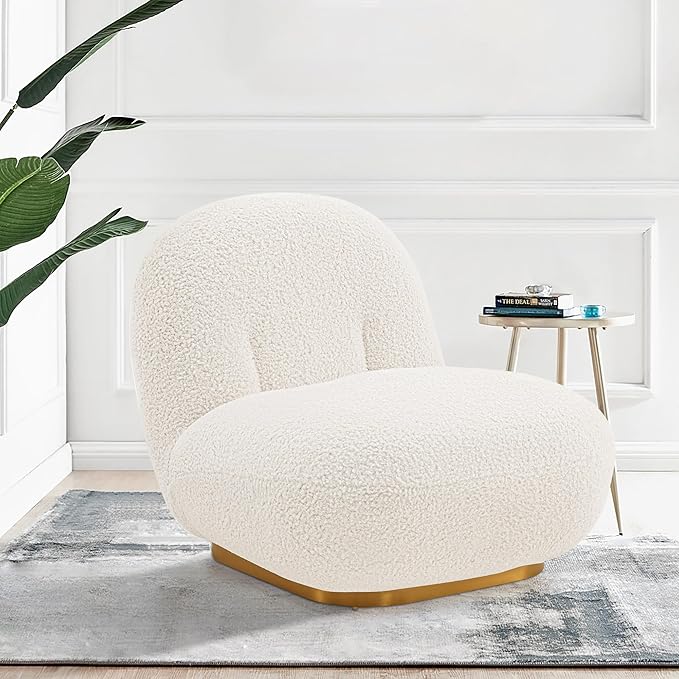 Manhattan Comfort Edina Modern Accent Chairs in Luxurious Boucle Upholstery with High Density Foam Padding &amp Wood Frame with Gold Metal Base Living Room Seating Set of 2 White