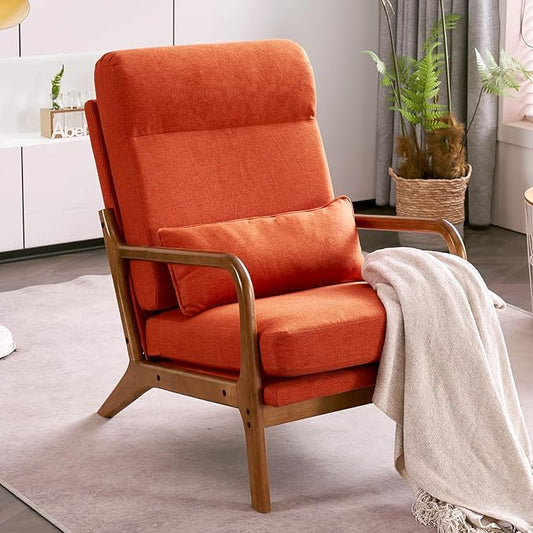 Accent Chair with Cushion Mid-Century Modern Upholstered Single Reading Armchair High Back Sofa with Linen Fabric + Solid Wood Frame for Living Room Bedroom Lounge Balcony (Orange)