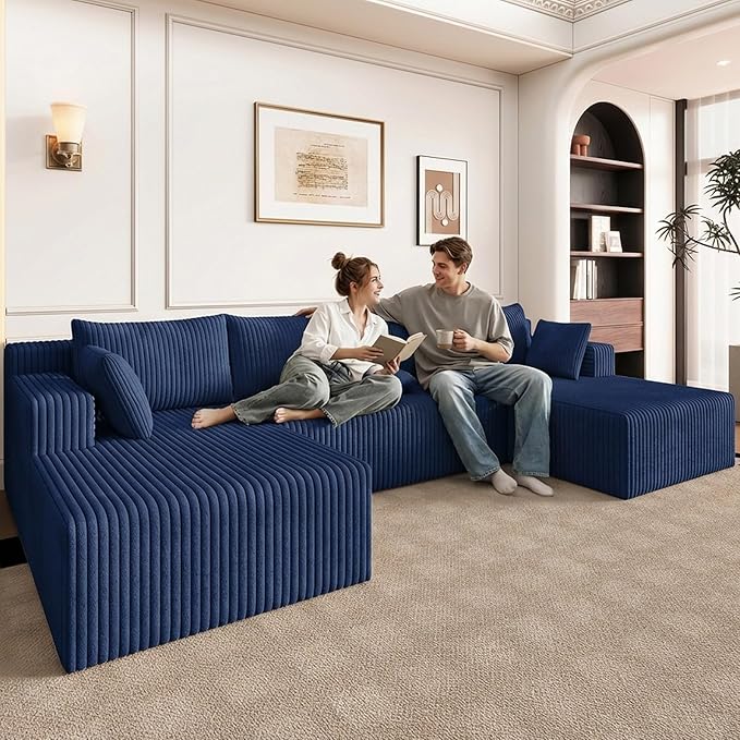123 Cloud Modular Sectional Couch U-Shaped with Two Chaise Corduroy Boneless Couch for Living Room Bedroom Deep-Seat Upholstered Modular Cloud Sofa No Assembly Required Navy Blue
