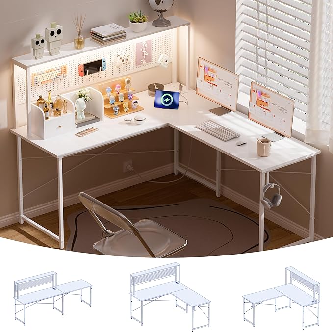Pamray 60 Inch L Shaped Gaming Desk with LED Lights and Power Outlets Reversible Corner Computer Desk with Pegboard Storage Shelves Home Office Table for Work Study White