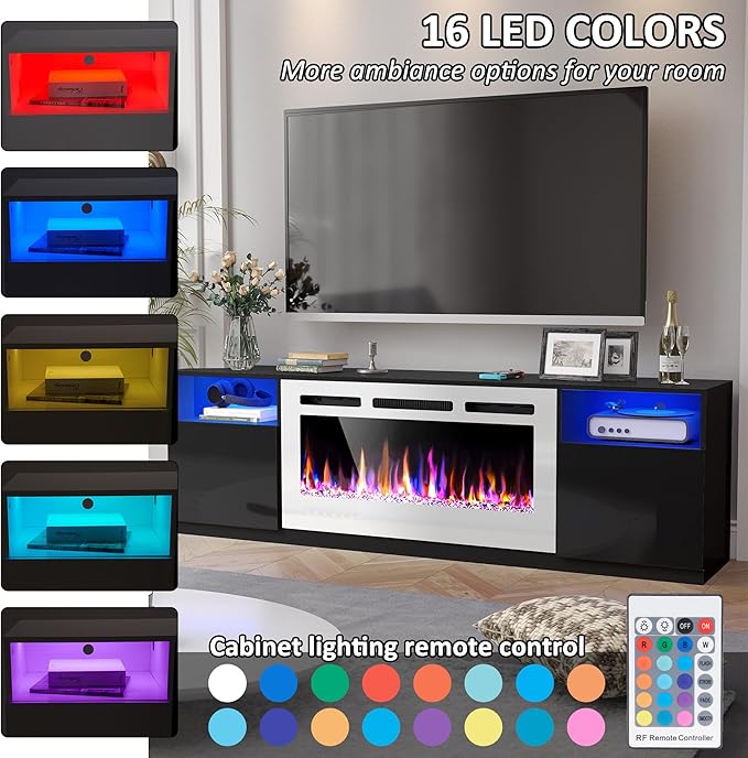 AHB Fireplace TV Stand LED Light Entertainment Center with 36 Electric Fireplace and Storage Cabinet Media Console Table for TVs Up to 80 Inches Ideal for Living Room 70 Inches (Black &amp White)