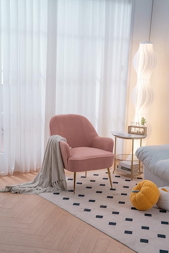 Modern Soft Teddy Fabric Pink Ergonomics Accent Chair Living Room Chair Bedroom Chair Home Chair with Gold Legs and Adjustable Legs for Indoor Home