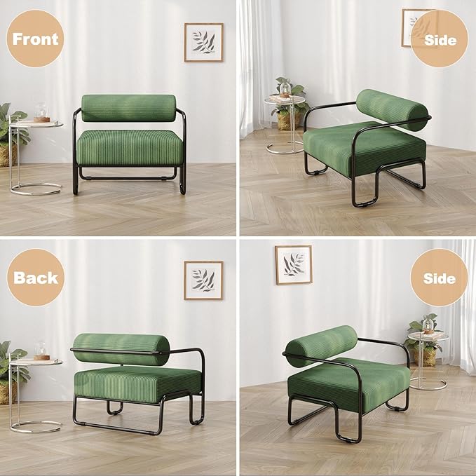 cinkehome Modern Accent Arm Chair for Living Room Corduroy Fabric Upholstered Armchair with Metal Frame Comfy Reading Club Chair Green