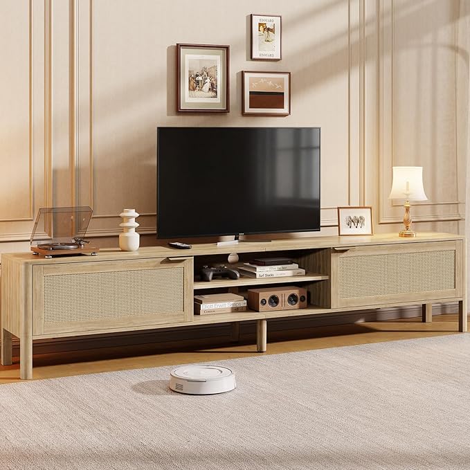 Rattan TV Stand for Living Room - Fits up to 80 Inch TVs Rattan Media Console Table with Adjustable Shelves &amp 2 Storage Cabinets Mid-Century Modern Entertainment Center Oak 71