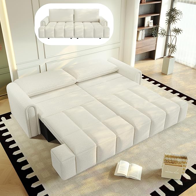 3-in-1 Convertible Sleeper Sofa Bed King Size Pull Out Sofa Bed with Hidden Seat Storage 90 Comfy Teddy Fabric 4-Seater Couch for Living Room Office Apartment (White)