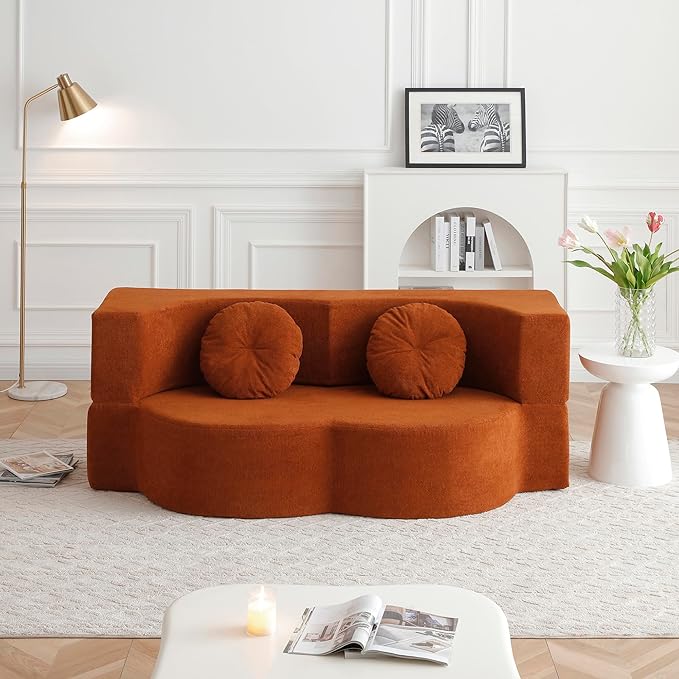 KEIKI 2-in-1 Folding Sofa Bed with Pillow Queen Sleeper Sofa Floor &amp Futon Loveseat Couch Foam Folding Mattress for Living Room Guest Use Office Apartment No Assembly Required Orange