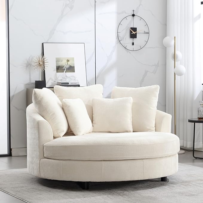 Aoiy &amp Wifon 59.8 W Oversized Barrel Chair Round Accent Chair with Wheels Extra Large Living Room Chair Knitted Chenille Beige