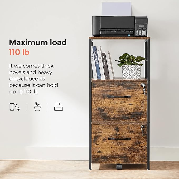 VASAGLE File Cabinet for Home Office 2-Drawer Filing Cabinet with Lock Open Shelf Printer Stand for A4 and Letter Sized Files Adjustable Feet Industrial Rustic Brown and Ink Black UOFC045B01