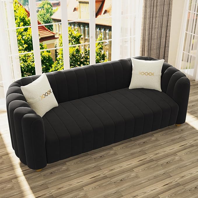 83'' Velvet Sofa for Living Room Modern Comfy Couch 3-Seater Apartment Sofa with 2 Pillows &amp Golden Metal Legs