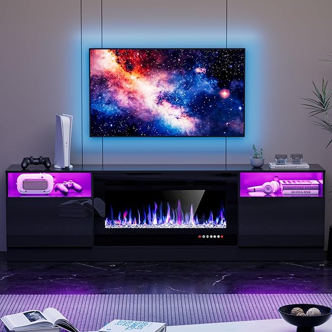 AHB Fireplace TV Stand 80 Inch LED Light Entertainment Center with 36 Electric Fireplace and Storage Cabinet Media Console Table for TVs Up to 90 Inches Ideal for Living Room