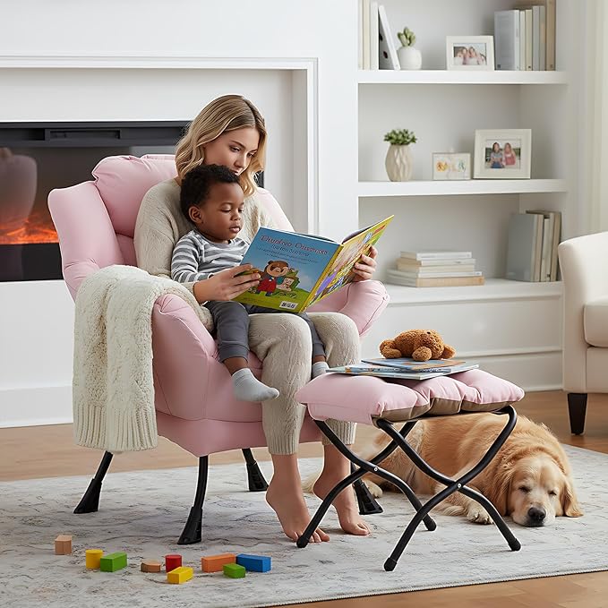 Welnow Pink Lazy Chair with Ottoman Modern Reading Accent Chair with Armrests and a Side Pocket Leisure Upholstered Lazy Sofa Set with Footrest for Small Space
