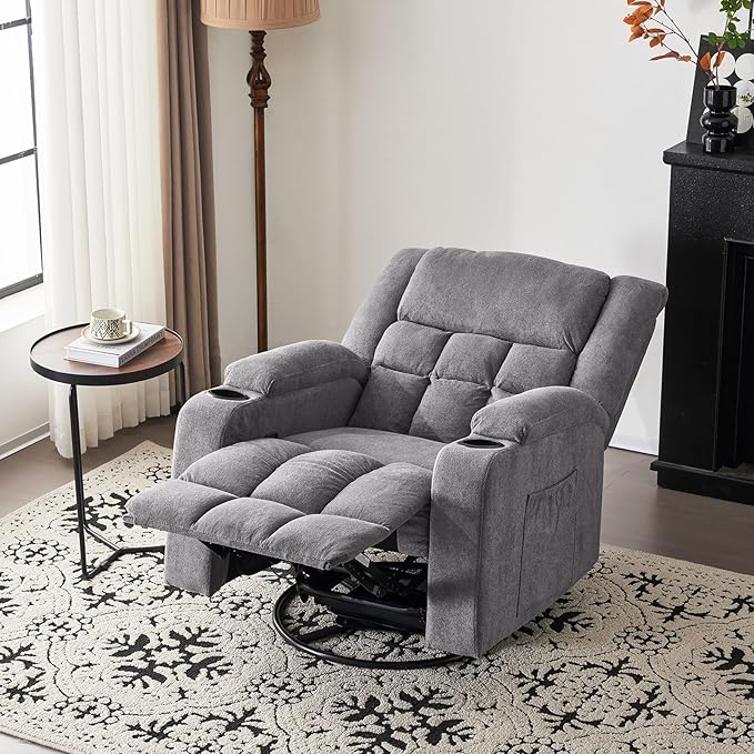 Furnimart 360° Swivel Rocker Recliner Chair for Adult Manual Recliner Chair with Massage and Heat Chenille Glider Rocker Chaise Lounge for Living Room Bedroom Home Theater (Gray)