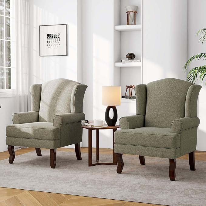 Accent Chair High Back Upholstered Armchair with High Resilience Sponge &amp Wood Legs Mid-Century Modern Comfy Single Sofa Reading Chairs for Living Room Bedroom (Light Camel Set of 2)