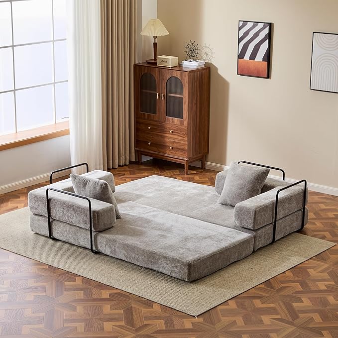 Folding Convertible Sofa Bed 4-in-1 Boneless Couch Sleeper Sofa 76.8'' Chenille Foldable Mattress Couch with Fixed-Shape Frame Floor Sofas Modular Futon Couches for Living Room Light Grey