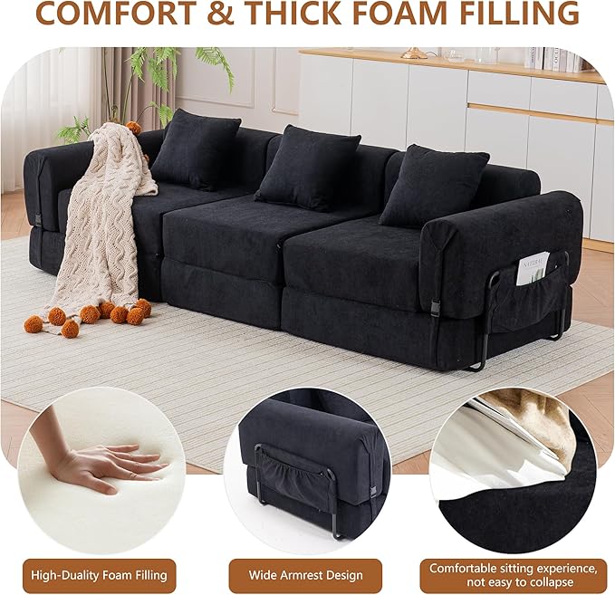 Cloud Modular Sectional Sofa Foldable Floor Couch Bed Convertible Sleeper Sofa Bed Fold Out Boneless Couches for Living Room Office Guest Room Apartment (3 Seater Couch Black)