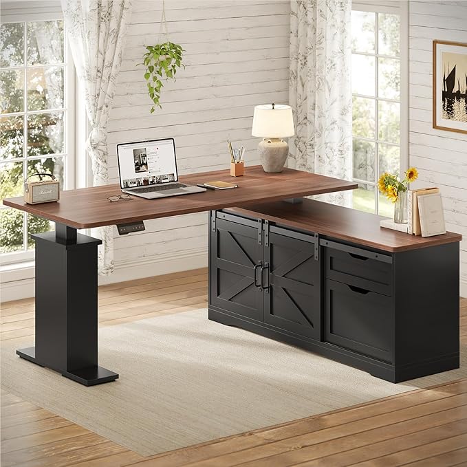 SEDETA Farmhouse L Shaped Standing Desk 55 inch Height Adjustable Corner Desk with Storage Drawers Standing Computer Desks with Power Outlets for Home Office Black