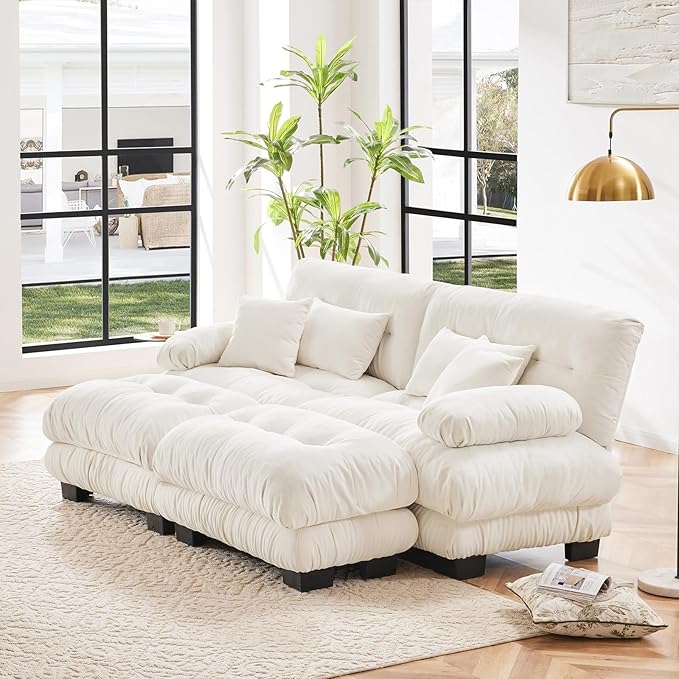 94.4 Deep Seat Modular Sofa Set Chenille Fabric Modern Sectional Love Seat Couches for Living Room Plush Cloud 2 Seater with 2 Ottomans Comfy Loveseat for Apartment or Bedroom U Shaped White