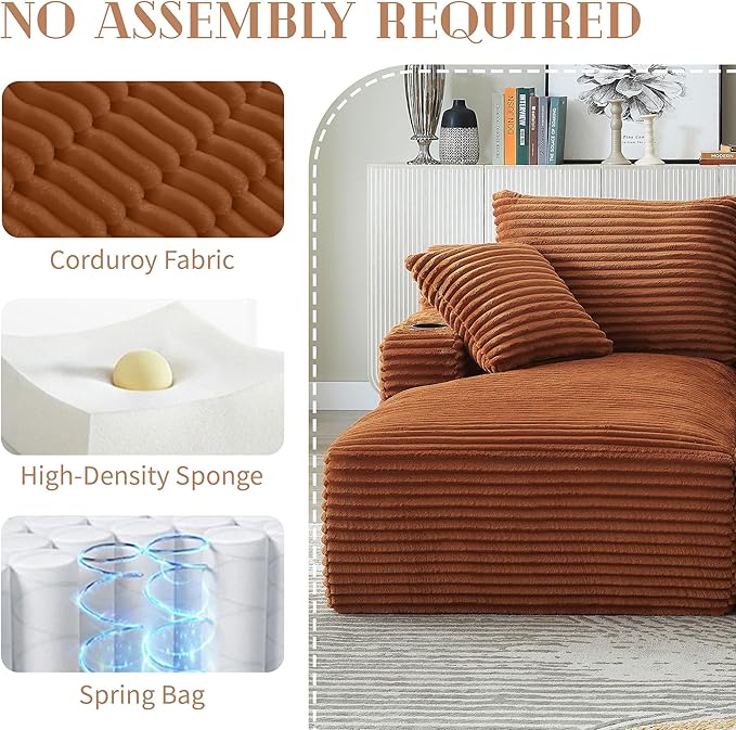 Double Chaise Lounge Sofa Boneless Cloud Couch Bed with Cup Holders and Side Pockets Comfy Deep Seat Sleeper Sectional Loveseat Chair for Living Room (Orange 2 Seat)