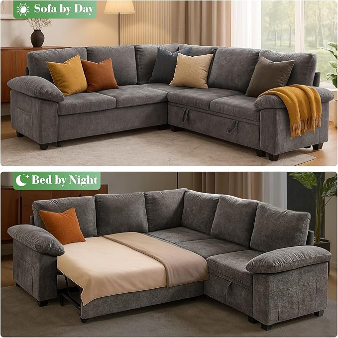 Modular Sectional Sofa with Pull Out Bed Sleeper Sofa L Shaped with Storage Sectional Couch for Living Room Convertible Sofa Bed with Removable Sofa Cover(5 Seats Grey)