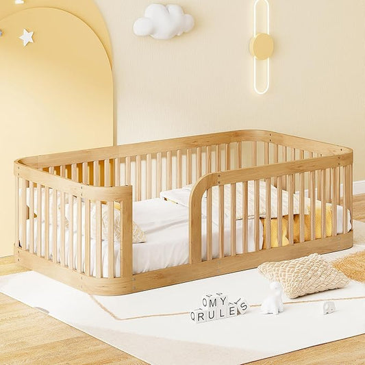 Bellemave Twin Floor Bed with High Fence and Rounded Corner Design Twin Size Montessori Bed with Safety Guardrails Easy Assemble Montessori Beds Frame for Girls Boys Natural