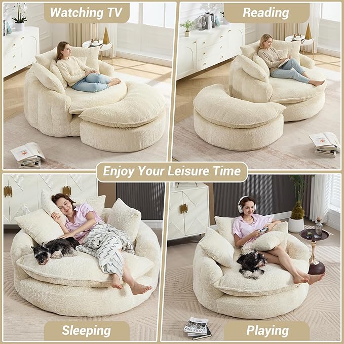 54 Round Chaise Lounge with Ottoman Big Bean Bag Round Sofa Bed Oversized Round Couch Boneless Reading Chair Comfy Plush Chenille Large Chaise Chair for Living Room Apartment Beige