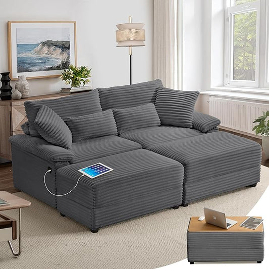 SUNWAVE 74 W Double Chaise Lounge Chair Indoor Oversized Loveseat with Storage Ottoman Corduroy Couch with USB Charging Removable Ottoman and Coffee Table Cushions for Living Room Bedroom