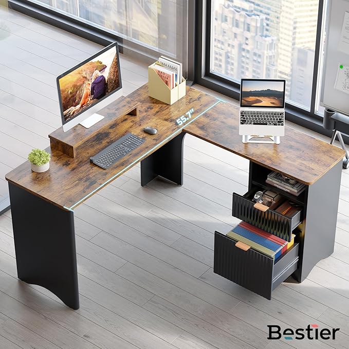 Bestier L Shaped Desk with File Drawer 55.7 x 55 Office Computer Desk with Round Corners Modern Desk with Monitor Stand &amp Fluted Panels for Home Office Black &amp Rustic Brown