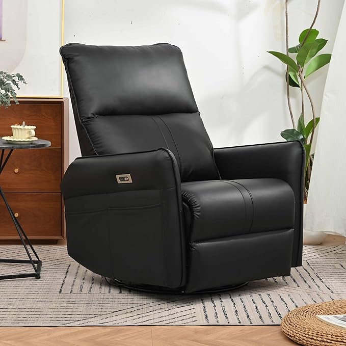 Power Swivel Rocker Recliner Chair for Adults 270° Rocking Recliner ChairElectric Small Recliners for Small Spaces Single Sofa Recliner for Living Room BedroomRV (Black+270°Swivel)