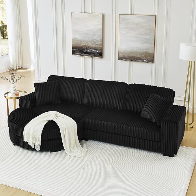 Curved Sectional Sofa with Removal Chaise Mid Centeury Modern Upholstered Corduroy Tufted Sleeper Bed L-Shaped Modular Convertible Sofa Black