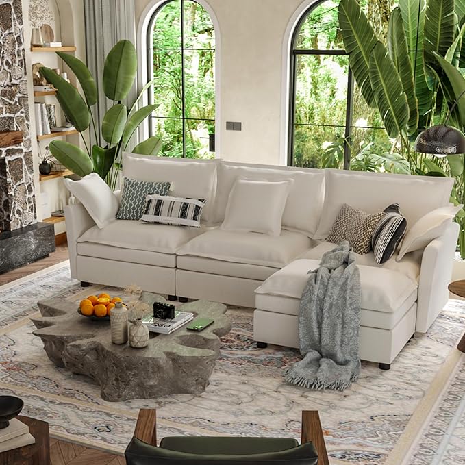 112 Inch Cream White Cloud Sectional Couch - Wide Pillow Edge Chenille Comfy Upholstered 3 Seater Modular Sofa with Ottoman L Shaped Couches for Living Room Apartment Office