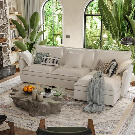112 Inch Cream White Cloud Sectional Couch - Wide Pillow Edge Chenille Comfy Upholstered 3 Seater Modular Sofa with Ottoman L Shaped Couches for Living Room Apartment Office