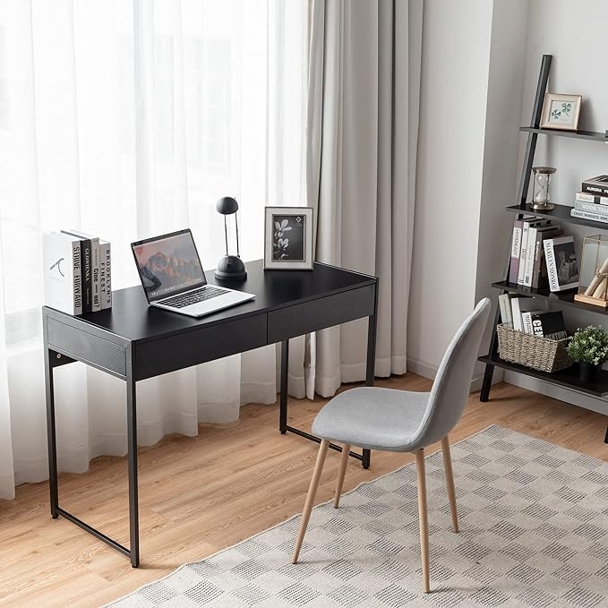 ERGOMASTER Home Office Desk with Drawers Black Modern Wood Desk Laptop Writing Computer Room Work Table for Bedrooms (44) inch