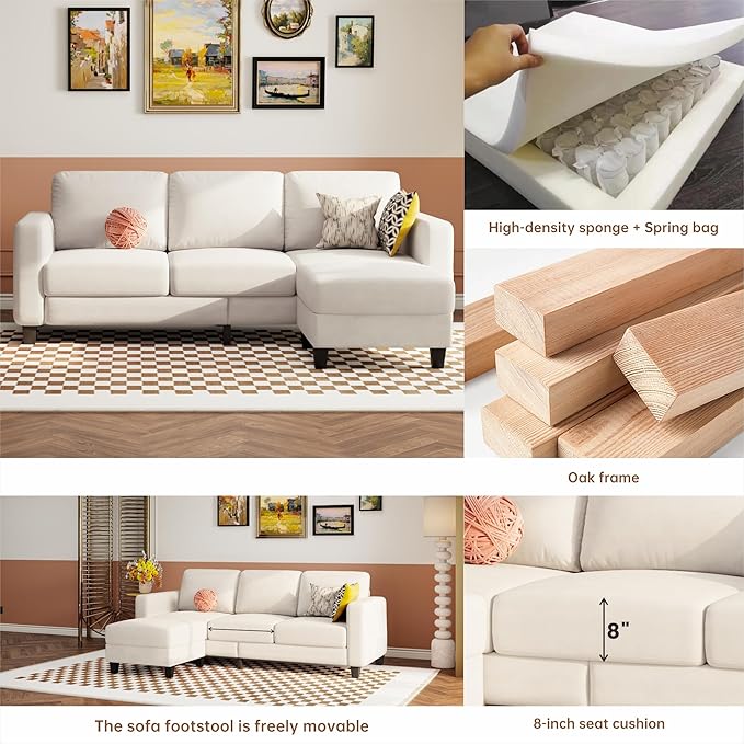 73 Small Sectional Sofa with Reversible Chaise Linen Fabric L-Shaped Couch with Solid Oak &amp Iron FrameHigh-density Sponge Spring Seat CushionRemovable Sofa Cover Compact Apartments and Studios