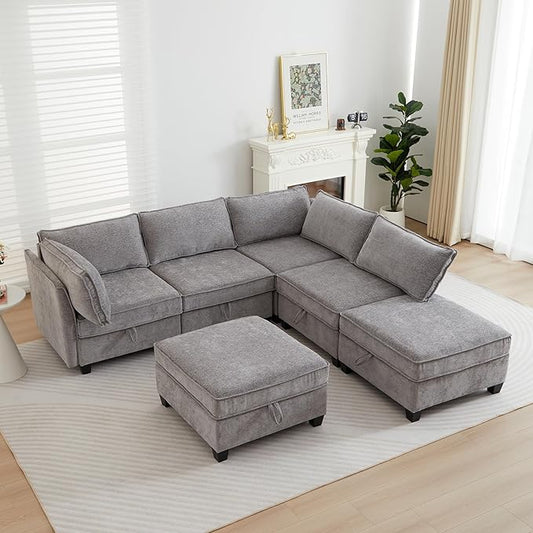 ORRD Corner Modular Sectional Sofa Set Convertible L Shaped Couch with Storage 6 Seater Sofa Modular with Ottomans and Reversible Chaise for Living Room Office (Grey)
