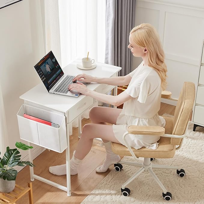 Sweetcrispy Computer Desk Small 32 Inch Home Office Bedroom Writing Study PC Table with Fabric Storage Drawers Space Side Bag Headphone Hook Metal Frame Adjustable Feet Modern Simple Style White Wood