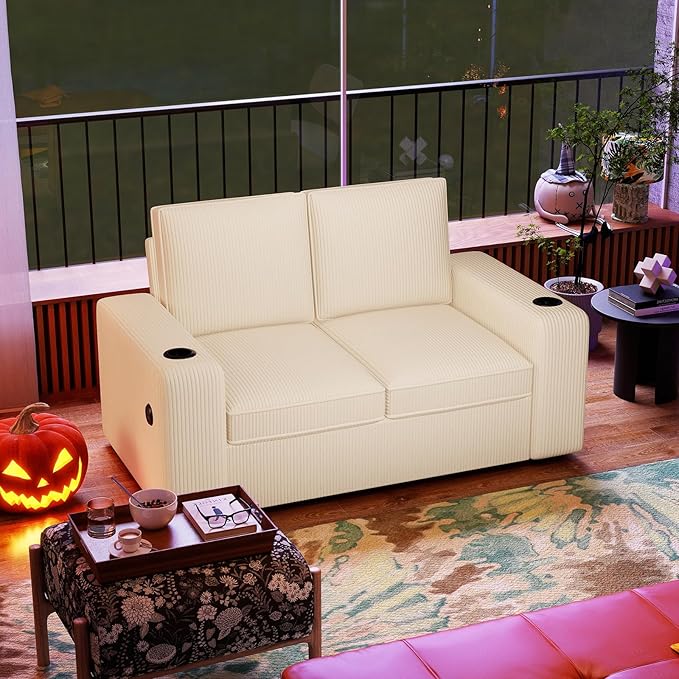 Furnimart 58 Wide Plush Loveseat 2-Seater Sofa with Dual-Port USB Charger &amp Cup Holders Corduroy Fabric Modern Accent Couch for Small Spaces Apartment Living Room(Corduroy-Beige)