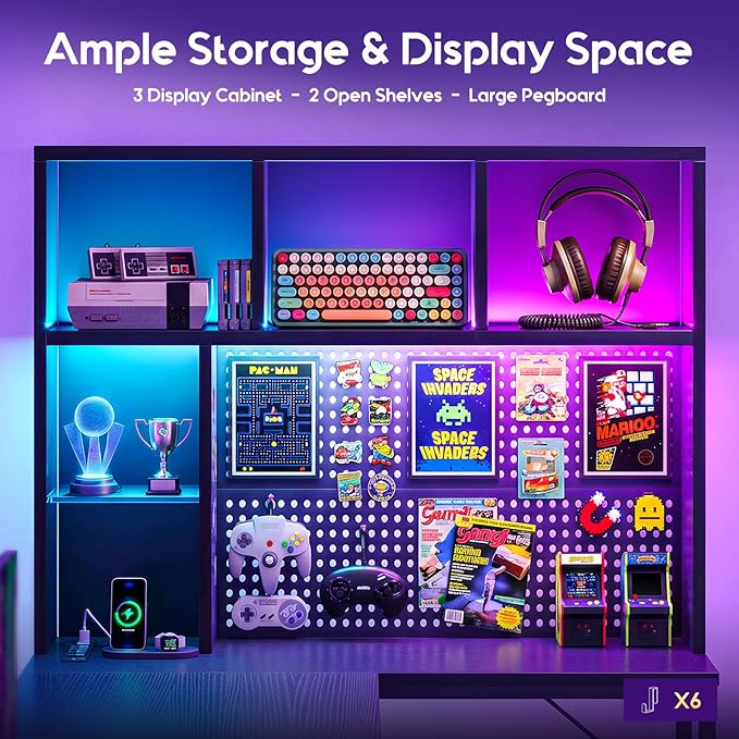 AODK 71 L Shaped Gaming Desk with Hutch Pegboard &amp Shelves L Shaped Desk with 4 Drawers Integrated LED Light Strip &amp Power Outlets Reversible PC Gaming Computer Desk Black