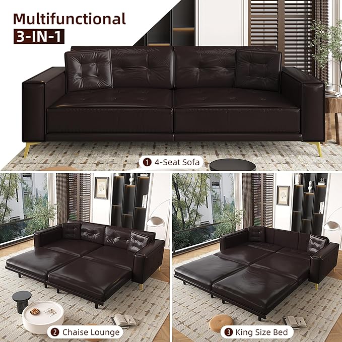 92.1'' King Pull Out Sofa Bed Convertible Futon Couch 3-in-1 Faux Leather Sleeper Sofa with Tufted Back 2 Pillows Gold Legs Deep Folding Loveseat for Living Room Apartment Dark Brown