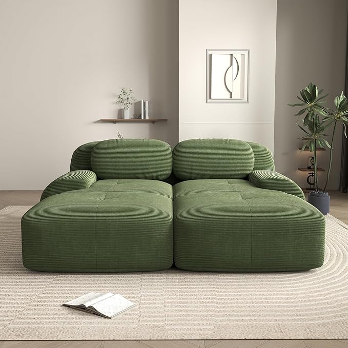 80 Modern Love Seat Boneless Couches for Living Room Corduroy Cloud Couch Sectional Green Modular Sectional Sofa Loveseat Sofa with 2 Ottoman Sofas para Sala Deep Seat Couch (Green 2+2 Set)