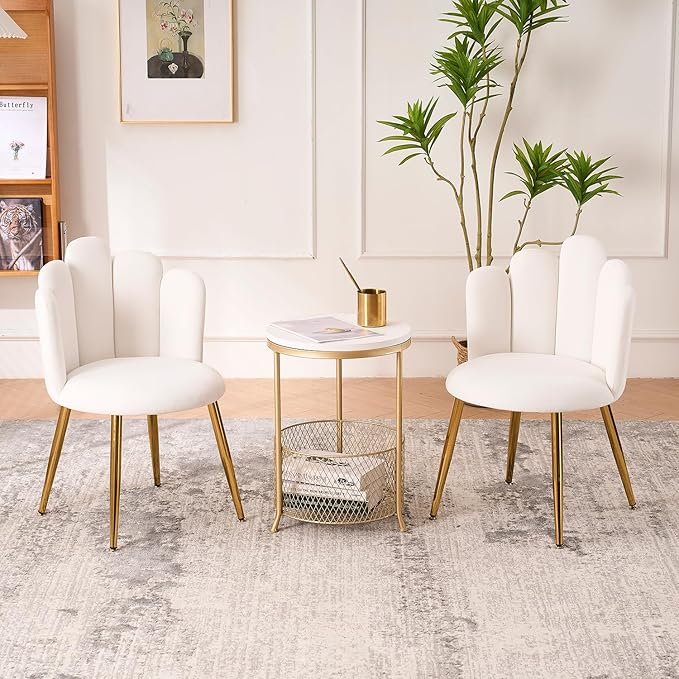 Dining Chairs Set of 2 Modern Dining Room Chairs Modern Cute Velvet armless Accent Chair with Gold Legs for Living Room/Bedroom/Kitchen (2 White)