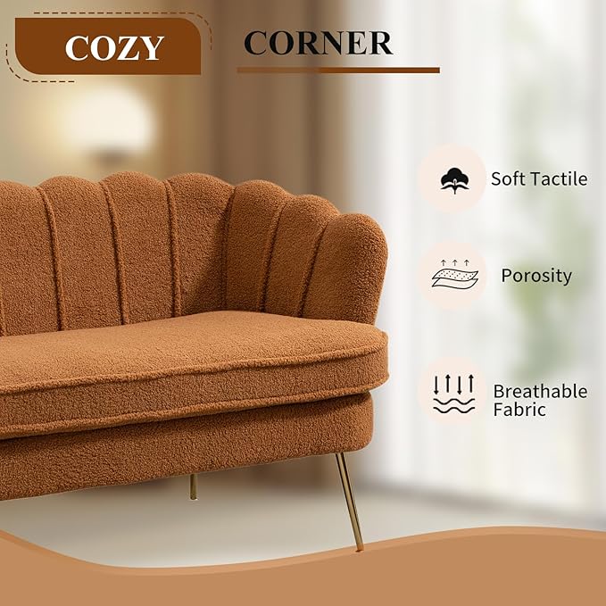 59 Wide Loveseat Sofa Boucle Upholstered Small Couch with Petal-Shaped Design Modern Leisure Sofa with Gold Metal Legs Mini Room Couch for Bedroom (Caramel-Boucle)